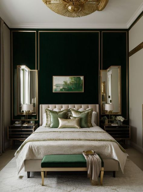 Green Cream And Gold Bedroom, Emerald Bedroom Decor, Emerald Green Accent Wall Bedroom, Emerald Green Black And Gold Bedroom, Emerald Accent Wall, Emerald Green Room Ideas Bedroom, Emerald Green Accent Wall, Emerald Green And Gold Bedroom, Gold Accent Wall Bedroom