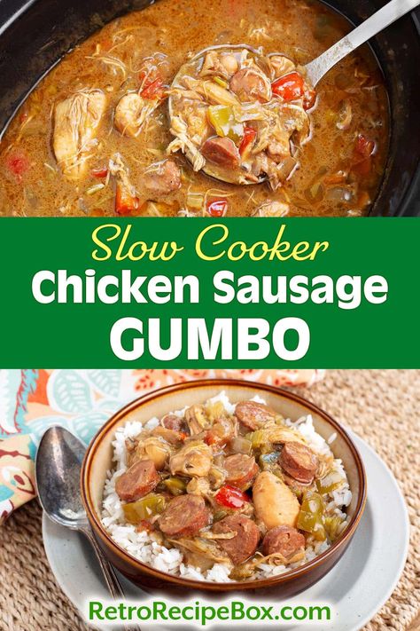 Slow Cooker Chicken Sausage Gumbo recipe is a dish that epitomizes Southern comfort food. Delicious Slow Cooker Chicken Sausage Gumbo will fill your kitchen with delectable smells and give you a fabulous meal. There's nothing quite like a warm bowl of crockpot gumbo to transport you to the heart of New Orleans. crock pot gumbo recipe, retrorecipebox.com, crockpot dinners, slow cooker dinners, homemade gumbo, easy gumbo Crockpot Gumbo Chicken And Sausage, Chicken Sausage Gumbo Soup, Sausage Gumbo Recipe Crock Pots, Slow Cooker Chicken And Sausage Gumbo, Crock Pot Gumbo Recipe, Crockpot Chicken Gumbo, Crockpot Recipes Gumbo, Gumbo Easy Recipes, Crockpot Gumbo Recipe Slow Cooker