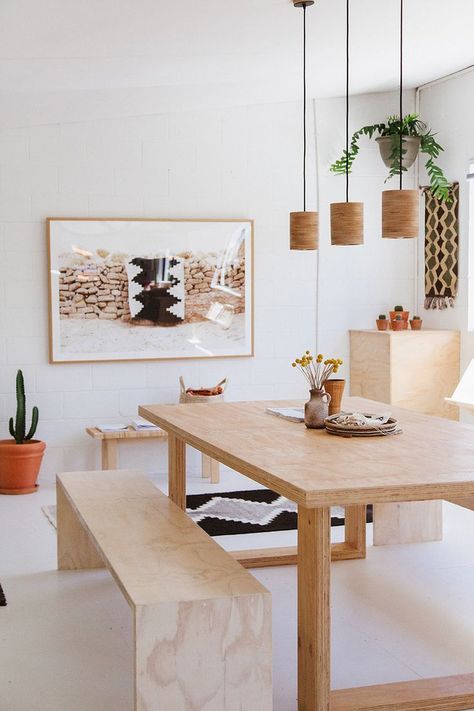 Jan 16, 2020 - This Pin was discovered by Pampa. Discover (and save!) your own Pins on Pinterest. Table Benches Dining, Plywood Dining Table, Dining Room Layout, Dining Table Bench, Scandi Living, Café Design, Plywood Table, Wood Dining Bench, Dining Room Table Decor