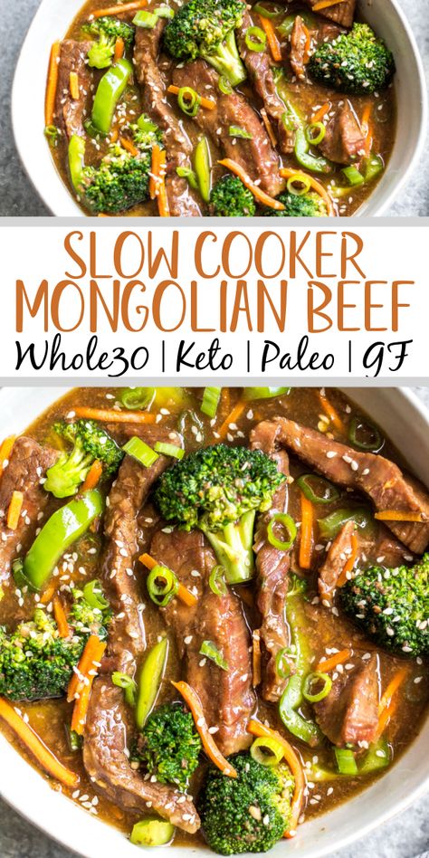 This easy slow cooker Mongolian beef is quick to throw into the crock pot, and is Whole30, Paleo, low carb and gluten-free. It only needs a handful of simple ingredients to make the sauce, along with flank steak, carrots, bell pepper and broccoli for the vegetables. This family friendly meal is perfect for dinner or for a healthy meal prep recipe! #whole30recipes #whole30beef #mongolianbeef #slowcooker #crockpot Slow Cooker Mongolian Beef, Low Carb Dinner Easy, Paleo Crockpot Recipes, Flank Steak Recipes, Low Carb Slow Cooker, Paleo Crockpot, Boiled Egg Diet Plan, Paleo Low Carb, Mongolian Beef