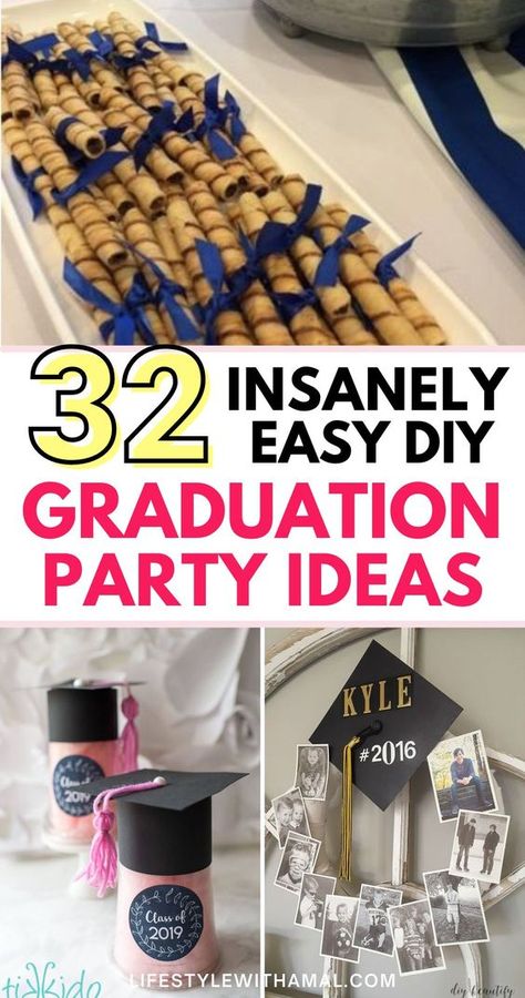 Grad Decoration Ideas Easy Diy, Graduation Party Crafts, Grad Party Table Decorations Graduation Centerpiece, Easy Graduation Decorations Diy, Graduation Party Flower Centerpieces, Homemade Graduation Decorations, College Graduation Dessert Table Ideas, Graduation Decor Diy, Diy Graduation Decorations For Outside