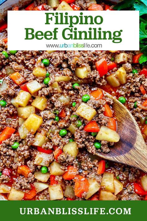 Filipino Beef Giniling is similar to Filipino Picadillo, and is an easy one-pan recipe. With ground beef, chopped vegetables, and a delicious sauce full of beautiful Pinoy flavors. Recipe at UrbanBlissLife.com. Filipino Ground Beef And Potatoes, Spanish Picadillo Recipe, Giniling Recipe Ground Beef, Filipino Giniling Recipe, Filipino Picadillo Recipe Ground Beef, Nilagang Baka Recipe Filipino Food, Filipino Corned Beef Recipe, Filipino Ground Beef Recipes, Giniling Recipe Filipino Food