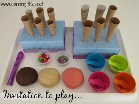 Invitation to play Neapolitan Ice Cream Play Dough - learning4kids Play Dough Ice Cream, Ice Cream Parlour Role Play, Playdough Invitation, Ice Cream Play Dough, Ice Cream Play, Play Ice Cream, Ice Cream Crafts, Fun Invitation, Preschool Play