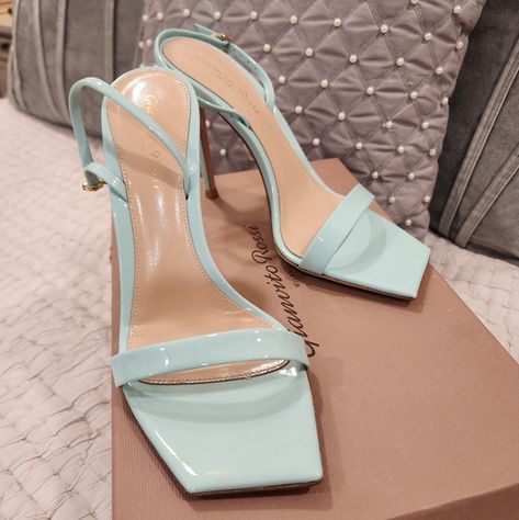 Gianvito Rossi Ribbon Stiletto Vernice Bora  heels size 38 1/2 (US 8.5) BNIB Light Blue Heels, Gianvito Rossi Heels, Rossi Shoes, Shoe Bags, Blue Heels, Blue Ribbon, Gianvito Rossi, Teal Blue, Shoes Women Heels