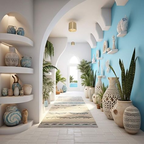 Greek Style Home, Santorini House, House Interior Design Styles, Design Remodel, Cafe Interior Design, Decoration Inspiration, Blue Interior, Hallway Decorating, Dream House Decor