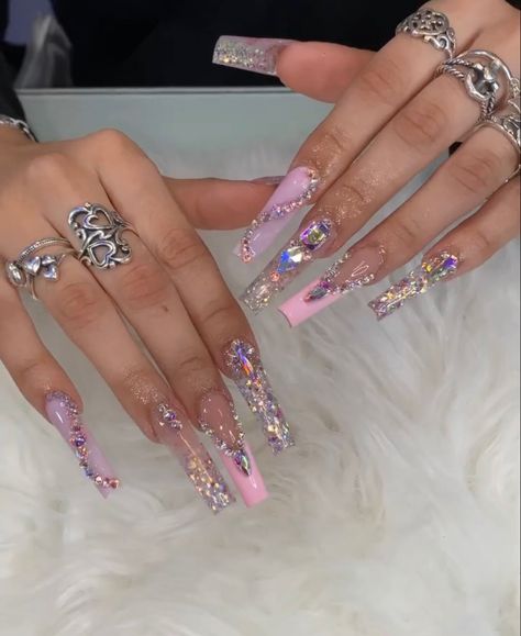 Pink Bling Nails, Purple And Silver Nails, Quinceanera Nails, Nails Design With Rhinestones, Girly Acrylic Nails, Glow Nails, Long Acrylic Nails Coffin, Unique Acrylic Nails, Long Square Acrylic Nails