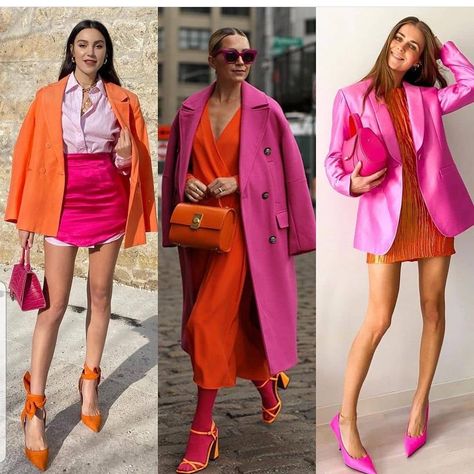 Orange Combo Outfit, Orange Outfit Color Combos, Pink Outfit Color Combos, Red And Orange Outfit, Orange And Pink Outfit, Outfit Color Combos, Spring Color Palette, Orange Outfit, Neon Fashion