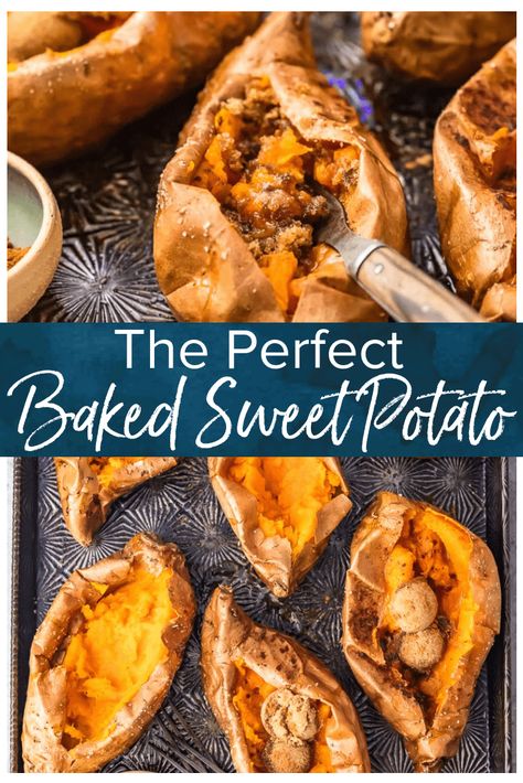 The Perfect Baked Sweet Potato is easy to achieve. So if you're wondering how to bake sweet potatoes, then you've come to the right place! Find out how long to bake sweet potatoes, plus my favorite SIMPLE way to eat them (with butter and cinnamon sugar!). #sweetpotato #sweetpotatoes #sidedish #thanksgiving #thecookierookie  via @beckygallhardin Perfect Baked Sweet Potato, Best Baked Sweet Potato, Cinnamon Sugar Recipes, Sweet Potato Oven, Sweet Potato Recipes Baked, Baked Sweet Potatoes, Vegetables Recipes, Cooking Sweet Potatoes, Tasty Recipe