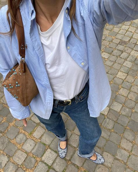 The Outfits Fashion People Wear in London and Paris | Who What Wear Oxford Shirt Outfit, Flowy Black Dress, Paris And London, Blue Oxford Shirt, Errands Outfit, French Women Style, London Look, Outfit Formulas, French Women