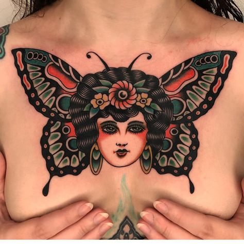 Lady Butterfly Chest Tattoo | Tattoo Ideas and Inspiration Butterfly Lady Tattoo, Flapper Tattoo, Traditional Chest Tattoo, Traditional Tattoo Woman, Traditional Butterfly, Butterfly Lady, Lady Tattoo, Minimalist Tattoo Ideas, Traditional Tattoo Sleeve