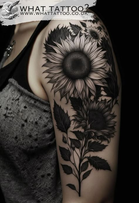 Black and Grey Sunflower Tattoos on Triceps Black Grey Sunflower Tattoo, Sunflower Knee Tattoos Women, Black Sunflower Tattoo Cover Up, Gothic Sunflower Tattoo, Floral Sleeve Tattoo Black And White, Dark Sunflower Tattoo, Sunflower Cover Up Tattoo, Dark Flower Tattoos, Black And Grey Sunflower Tattoo