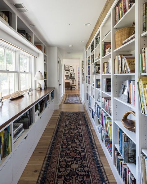 Corridor Library Bookshelves, A Lot Of Windows House, Bookshelves Under Windows, Under Window Bookshelf, Transitional Hallway, Home Library Rooms, Hallway Designs, Home Library Design, Design Library