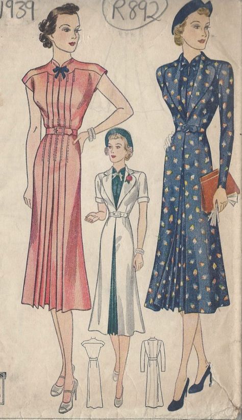 1939-Vintage-Sewing-Pattern-B34-DRESS-REDINGOTE-R892-262304907906 40s Mode, Vintage Fashion 1930s, Patron Vintage, Vestidos Retro, 30s Fashion, Vintage Dress Patterns, 40s Fashion, Retro Mode, 1930s Fashion