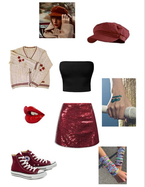 Taylor Swift Red Era Outfits Ideas, Taylor Swift Tour Outfits Red, Taylor Swift Concert Outfit Ideas Red, Red Inspired Outfits Taylor Swift, Taylor Swift Red Outfit Ideas, Red Taylor Swift Outfit Ideas, Red Eras Tour Outfit Ideas, Eras Tour Red Outfit, Red Taylor Swift Outfit