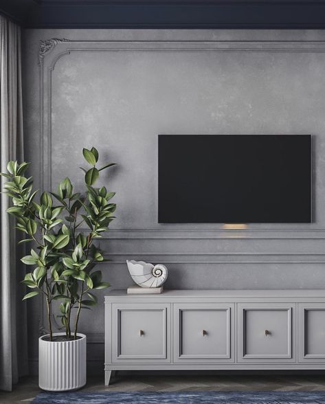 Tv Wall With Wainscotting, Neoclassical Tv Unit Design, Neo Classical Tv Unit Design, New Classic Tv Unit, Art Deco Tv Unit, Classical Tv Unit Design, Classic Tv Unit Design, Tv Unit Wall Panelling Design, Classical Tv Unit