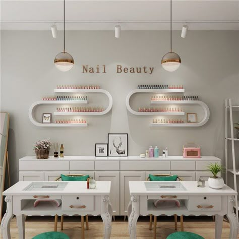 Nail Room Ideas Home, Desain Salon Kuku, Privates Nagelstudio, Ideas Decoracion Salon, Nail Polish Shelf, Nail Room Ideas, Nail Salon Interior Design, Nail Salon Interior, Beauty Room Salon