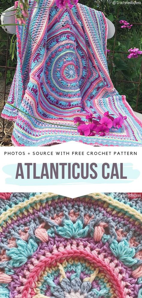 Mandala Throw Crochet Free Pattern, Crochet Afghan Patterns Free Throw Blankets Stitches, Tuscany Crochet Pattern, Mandala Poncho Crochet Pattern, Mandala Granny Square Crochet Pattern, Crochet Blanket With Different Stitches, Mandala Crochet Pattern Blanket, Whatchamacallit Crochet, Mandela Crochet Blanket