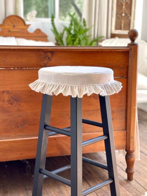 Bar Stool Makeover, Bar Stool Covers, Round Bar Stools, Custom Slipcovers, Farmhouse Table Runners, Stool Cushion, Slip Covers, Stool Covers, French Country Farmhouse