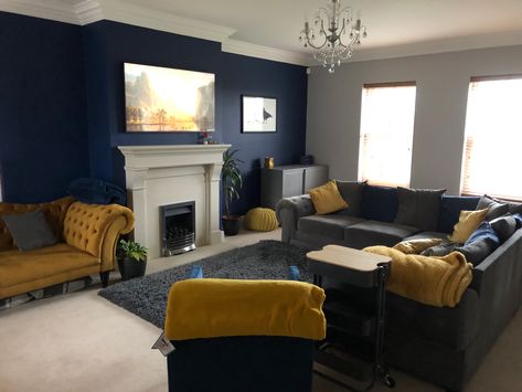 Mustard Living Room, Dark Blue Feature Wall, Mustard Living Rooms, Blue Feature Wall, Blue Sofas Living Room, Blue Walls Living Room, Blue Sofas, House Color Palettes, Room Blue