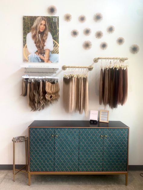 Hair Extension Retail Display, Individual Salon Suites, Salon Extension Organization, Wash House Salon Ideas, Hair Extensions Wall Display Ideas, Hair Extension Salon Storage, Salon Hair Extension Wall, Boho Hair Salon Decor Ideas, Hair Extension Room Ideas