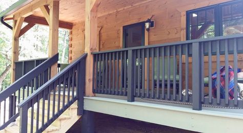 Exterior Finishes: Porch, Deck and Foundation Wall Exterior Concrete Paint, Lake Deck, Cabin Decks, Cabin Porches, Log Homes Exterior, Black Railing, Log Cabin Exterior, Cabin Deck, Log Home Kitchens