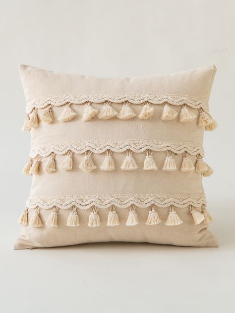 Beige Simple   Cotton Plain Pillowcases Embellished   Home Decor Boho Tassels, Tassel Pillow, Crochet Pillow Cover, Beige Boho, Tufted Cushion, Boho Aesthetic, Crochet Pillow, Weaving Process, Boho Stil