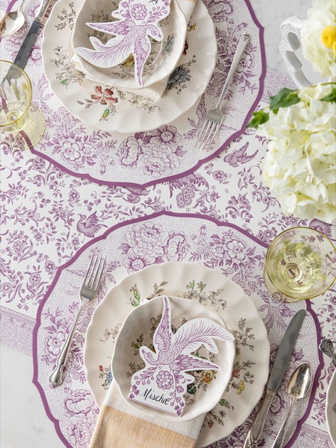 Inspired by blooming fields of lavender, this exclusive spring color way is a perfect way to set the scene for Easter, Mother's Day, and brunches galore. Let these regal peacocks, asiatic pheasants, and dainty florals adorn your table with elegance and grace! Lavender Event Decor, Paper Placemats Ideas, Lavender Table Setting, Table Florals, Purple And Gold Wedding, Table Organizer, Placemat Design, Packaging Diy, Easter Table Settings