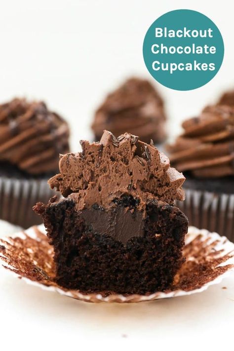 These homemade Chocolate Blackout Cupcakes are filled with a rich chocolate ganache and topped with a silky chocolate buttercream. Homemade chocolate filled cupcakes have never looked so good. #chocolatecupcakes #chocolatecupcakerecipe #blackoutchocolatecupcakes #chocolateganachefilling Ganache Cupcakes, Chocolate Ganache Cupcakes, Easy Chocolate Cupcake Recipe, Whipped Chocolate Frosting, Beyond Frosting, Buttermilk Chocolate Cake, Homemade Chocolate Cupcakes, Chocolate Cupcakes Moist, Chocolate Ganache Filling