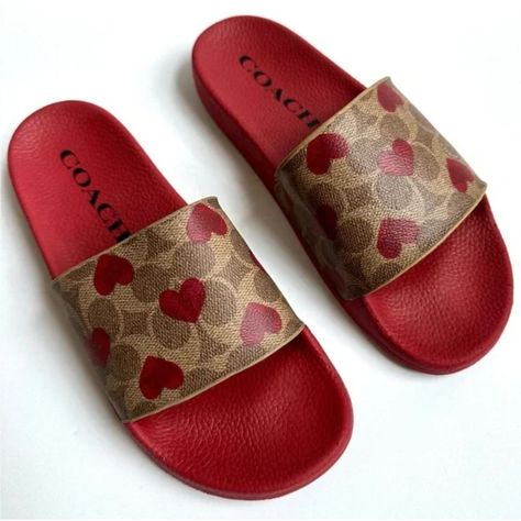 Coach Udele Sport Slide With Heart Print In Electric Red, Size 10 Brand New! Details: Signature Coated Canvas Upper Rubber Footbed Rubber Outsole Slip On Style No. C8997 Editor's Notes: A Lot To Love! These Laidback, Sporty Coated Canvas Slides Feature A Playfully Romantic Heart Motif Set Against Coach's Signature. The Contoured Footbed And Rubber Sole Provide All-Day Comfort. Coach Slides, Red Slides, Pretty Sandals, Romantic Heart, Heart Motif, Sneaker Heels, New Details, Coach Shoes, Shoe Game