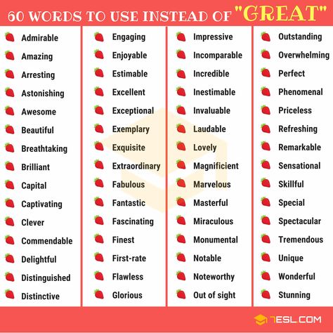 60 Words You Can Use Instead of GREAT Words You Can Use Instead Of, Another Word For Great, Other Words For Great, Synonyms For Great, English Charts, Words To Use Instead, Vocabulary In English, Expand Your Vocabulary, Describing Words