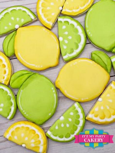 "Lemon &/OR Lime Slice Cookies - 1 dozen (12 cookies total).  Cookies are approx. 3\"-3.5\" in size Cookies are individually wrapped & heat sealed. SHIPPING & ORDERING Your cookies are baked fresh to order and are shipped so you receive them the week you need them for. Typical shipping times vary, but most often orders are received within 2-4 days from shipping notifications. Please include your event date when ordering so I can time your cookies to arrive fresh 1-2 days before your event. For s Lime Cookies Decorated, Lemon Royal Icing Cookies, Lemon Shaped Cookies, Lemon Sugar Cookies Decorated, Lemon Cookies Decorated, Lemon Decorated Cookies, Citrus Cookies, Painting Cookies, Slice Cookies