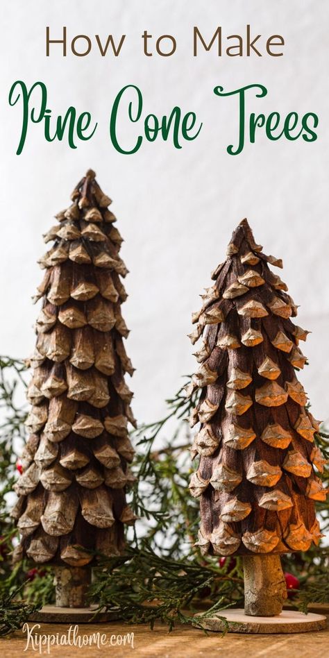 two DIY pine cone trees sitting on a table Pine One Trees, Pinecone Topiary Diy, Diy Pine Cone Tree, Pine Cone Trees Christmas, Cone Tree Ideas, Pinecone Tree Topper, Pine Cone Christmas Trees, Pine Cone Christmas Tree Diy, Long Pine Cone Crafts