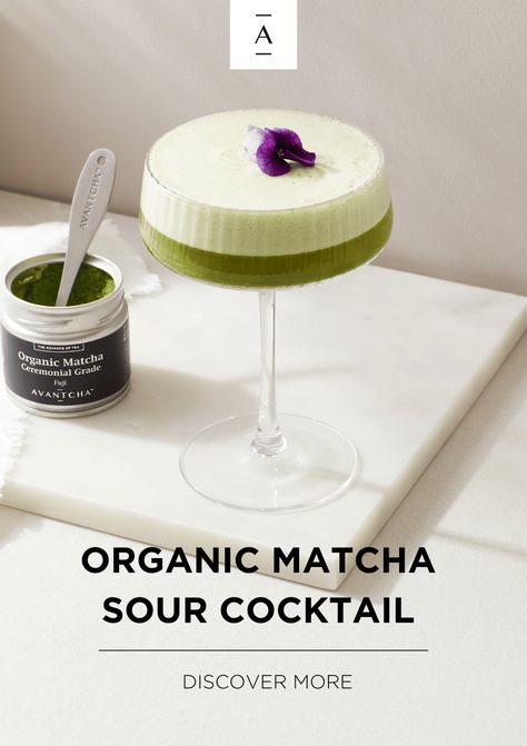 A cocktail glass filled with green liquid and a frothy top - a Matcha sour cocktail Matcha Cocktail Recipes, Dirty Matcha, Matcha Cocktail, Classic Eclectic, Ceremonial Grade Matcha, Sour Cocktail, Organic Matcha, Organic Tea, Tea Lovers