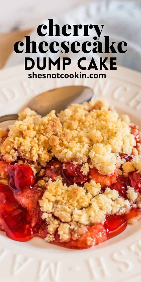 This easy cherry cheesecake dump cake has only four ingredients and is a real crowd-please for family gatherings. Cherry Cheesecake Dump Cake, Yellow Cake Mix Desserts, Easy Cherry Cheesecake, Cheesecake Dump Cake, Recipes Using Cream Cheese, Cherry Dump Cake Recipe, Cherry Cake Recipe, Cherry Dump Cake, Peach Dump Cake