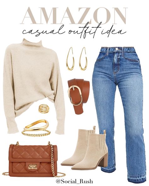 Amazon Casual Outfit Idea, Beige Sweater, Straight Leg Ankle Jeans, Chunky Heel Ankle Boots, Quilted Crossbody Bag, Leather Belt, Gold Dangle Earrings, Gold Bangle Bracelet, Gold Ring | Amazon Fashion, Amazon Style, Outfit Inspo, Casual Style, Fall Fashion, Fall Style | #AmazonFashion #OutfitIdea #Outfitinspo Beige Ankle Boots Outfit Winter, Beige Sweater Outfit Winter, Outfits With Beige Boots, Chunky Heel Boots Outfit, Beige Boots Outfit Ankle, Outfits With Straight Leg Jeans, Beige Ankle Boots Outfit, Gold Sweater Outfit, Ankle Boots Outfit For Women