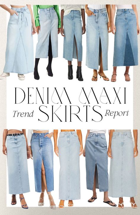 Styling Mid Length Denim Skirt, Long Denim Pencil Skirt Outfit, How To Style A Demin Skirt, Light Denim Maxi Skirt Outfit, Long Demin Skirt Outfit Casual, Jean Skirt 2023, How To Wear Denim Skirt, Midi Demin Skirt Outfits, Styling Midi Denim Skirt