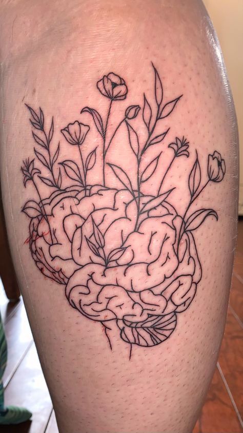 Brain And Flower Tattoo, Brain Flower Tattoo, Flower Brain Tattoos, Brain With Flowers Tattoo, Neuroscience Tattoo, Neuron Tattoo, Brain Outline, Brain Tattoos, Biblical Tattoos