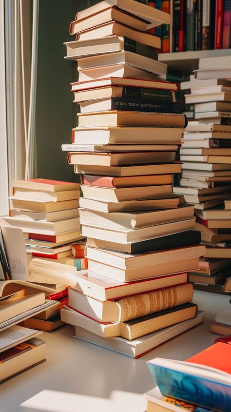 Literary Towering Piles: Towering piles of books casting their shadows in the warm sunlight by the window. #books #reading #literature #stacks #library #knowledge #education #sunlight #aiart #aiphoto #stockcake https://ayr.app/l/CE6G Stack Of Books Photography, Reading Lots Of Books, Piles Of Books Aesthetic, Library Aesthetic Background, Pile Of Books Aesthetic, Books Aesthetic Pics, Book Stacks Aesthetic, Book Piles, Knowledge Aesthetic