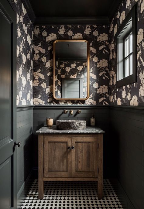 26+ Moody Bathroom Ideas That Are Elegant & Dreamy (2024) Farmhouse Modern Powder Room, Bathroom With Black Wallpaper, Bathroom With One Black Wall, Powder Room With Picture Frame Molding, Water Closet Wall Ideas, Moody Powder Room With Wallpaper, Black Moody Powder Room, Tall Powder Room, Powder Room With Dark Vanity