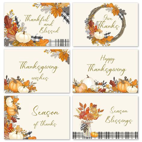 PRICES MAY VARY. WHAT YOU WILL GET: 36 packs greeting cards with 36pcs white envelopes and 36pcs stickers, sufficient to meet your different needs to give thanks. ELEGANT DESIGN: Patterned with delicate pumpkins, maple leaves, and printed with the words of Happy Thanksgiving, Give Thanks, Thankful and Blessed, elegant and exquisite, 6 designs in total, great supplies for most occasions. MATERIAL & SIZE: Made of good quality paper, durable and fluent enough to write. Each one is 4 x 6 inch, big e Thanksgiving Greeting, Thanksgiving Greeting Cards, Thanksgiving Greetings, Happy Wishes, Thankful And Blessed, Black And White Plaid, Greeting Card Set, Maple Leaves, Autumn Wedding