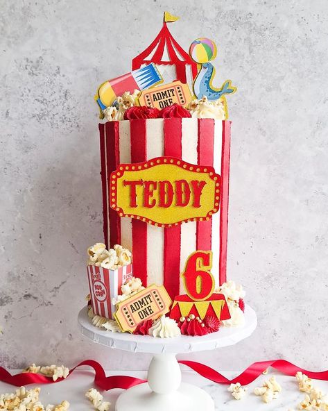 Keekle Cake Co. | CIRCUS Roll up! Roll up! It's the greatest show on earth 👌 Circus themed cake for Teddy's 6th birthday 🎪 Vertical buttercream stripes… | Instagram Circus Buttercream Cake, Circus Theme Cake 1st Birthdays, Circus Themed Birthday Cake, Carnival Birthday Party Cake, Circus Birthday Party Cake, Three Ring Circus Birthday Party, Carnival Cake Ideas, Carnival Cake Pops, Circus Cake Ideas