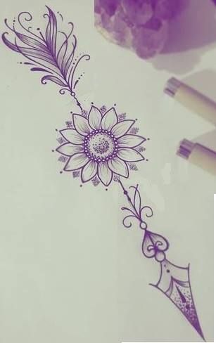 Arrow Sister Tattoo Ideas, Arrow With Sunflower Tattoo, Daisy Arrow Tattoo, Sunflower Arrow Tattoos For Women, Sunflower Tattoo Add On, Womens Arrow Tattoo, Feather Arrow Forearm Tattoo Women, Feather And Sunflower Tattoo, Pretty Arrow Tattoos For Women