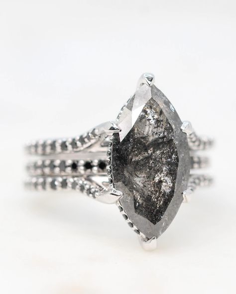 We customized an Ariel Setting to fit this 3.70 carat Marquise Salt and Pepper Diamond and added a matching Wedding Band. All with Black Accent Diamonds. Custom for a client. Marquise Salt And Pepper Diamond, Pepper Diamond, Salt And Pepper Diamond, Wedding Matches, Black Accents, Salt And Pepper, Ariel, Wedding Band, Wedding Bands