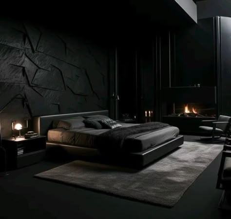 Dark Modern House Bedroom, Black Interior Bedroom, Modern Dark Bedroom, Black Modern Bedroom, All Black Room, Black Luxury Bedroom, Dark Modern Bedroom, Furniture Ideas Bedroom, Dark Bedroom Aesthetic