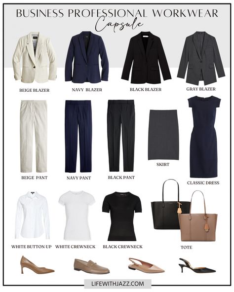 Business Professional Outfits Capsule, Business Formal Capsule Wardrobe, Business Professional Wardrobe Basics, Corporate Attire Women Capsule, Easy Business Professional Outfits, Business Formal Women Summer, Business Professional Travel Outfits, Workwear Outfit Ideas, Formal Wardrobe Women