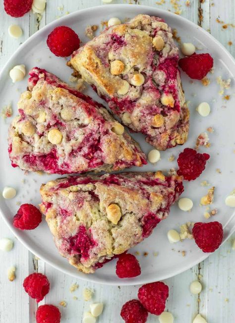 These raspberry and white chocolate scones are loaded with tart raspberries and sweet white chocolate enveloped in a light and tender scone. #raspberrywhitechocolatescones #scones #sconerecipe | chiselandfork.com Raspberry And White Chocolate Scones, White Chocolate Scones Recipe, Chocolate Scones Recipe, White Chocolate Raspberry Scones, White Chocolate Scones, Raspberry And White Chocolate, Raspberry Scones, Raspberry White Chocolate, Chocolate Scones