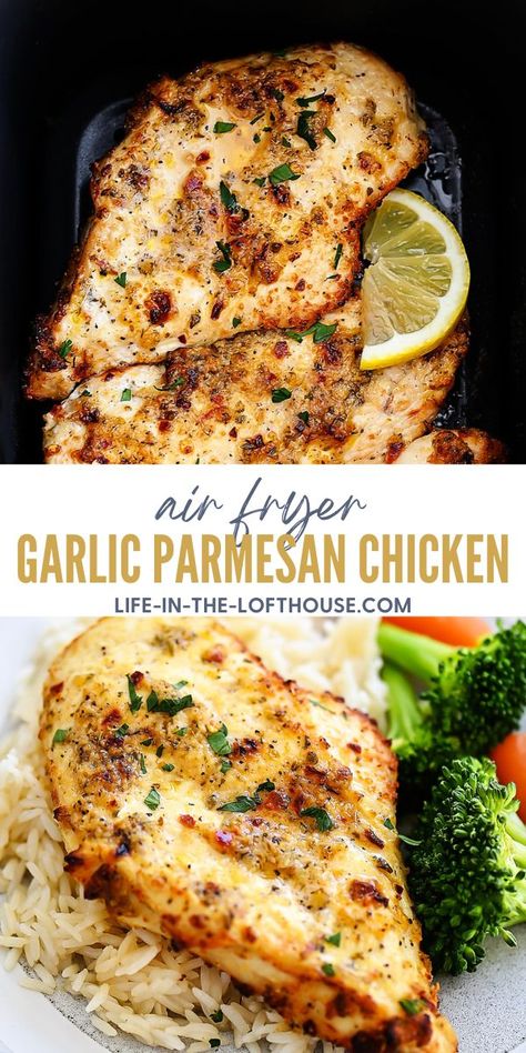 Air Fryer Garlic Parmesan Chicken - Life In The Lofthouse Air Fryer Recipes Chicken Breast, Air Fryer Garlic, Air Fryer Oven Recipes, Air Fry Recipes, Garlic Parmesan Chicken, Air Fryer Recipes Chicken, Parmesan Chicken, Air Fryer Dinner Recipes, Carb Meals