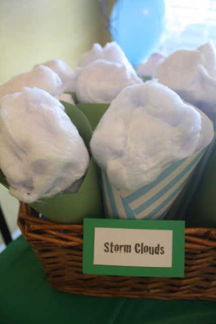 storm clouds -- cotton candy -- "Weather Rocks!" party; Center for Puppetry Arts, Atlanta, GA Tornado Themed Snacks, Tornado Centerpiece, Twister Movie Themed Party, Twister Themed Party, Twonado Birthday Party Food, Weather Party Theme, Tornado Birthday Party Ideas, Fournado Birthday Party Girl, Tornado Birthday Party Decorations