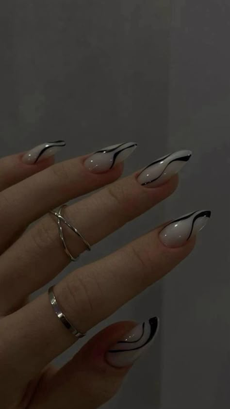 Black and white nails | dark feminine | power | reputation | self love | priority | Dark Feminine Nails Design, Eras Tour Nails Reputation, Reputation Nails Inspired, Black And White Nail Ideas Simple, Dark Acrylic Nails Designs, Monotone Nails, Reputation Nails Taylor Swift, Nails Dark Feminine, Dark Almond Nails