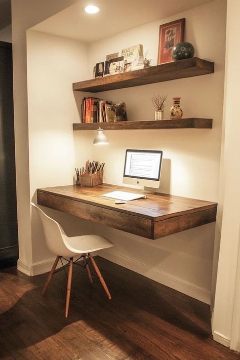 "Transform any room into a productive space with a DIY Floating Desk! 🛠️💻 A great solution for small spaces and modern decor. 🌟✨ #FloatingFurniture #DIYHome #WorkspaceIdeas" Floating Studio Desk, Over The Desk Shelves, Corner Wall Desk Floating, Spare Bedroom With Desk, Wall Desk With Shelves, Floating Desk Shelf, Desk In Wall, Mounted Desk Ideas, Wall Desk Design